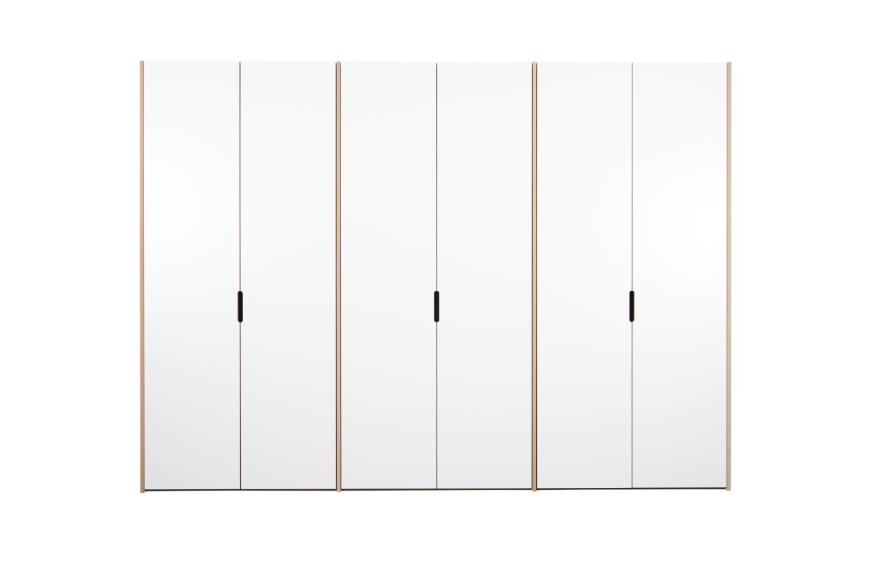 Tojo-Schrank Anbaumodul, weiße Schrankmodule mit Türen und Griffen, modernes Schranksystem für Schlafzimmer und Wohnraum.
