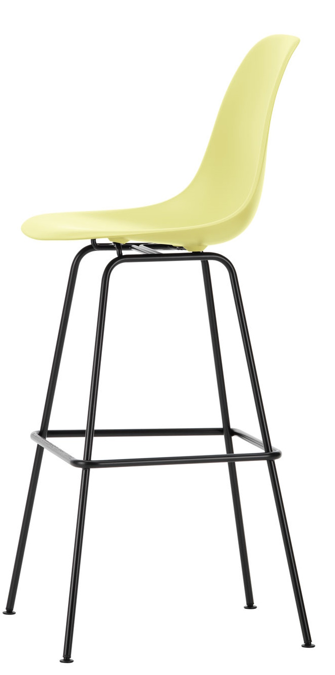 Vitra Eames Plastic Bar Stool in Gelb mit schwarzem Metallgestell, moderner Barhocker für Küche oder Bar.