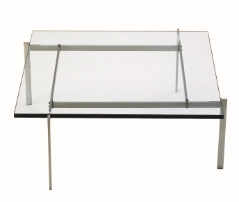 PK 61 Couchtisch von Fritz Hansen mit quadratischer Glasplatte und Stahlgestell, modernes Design.