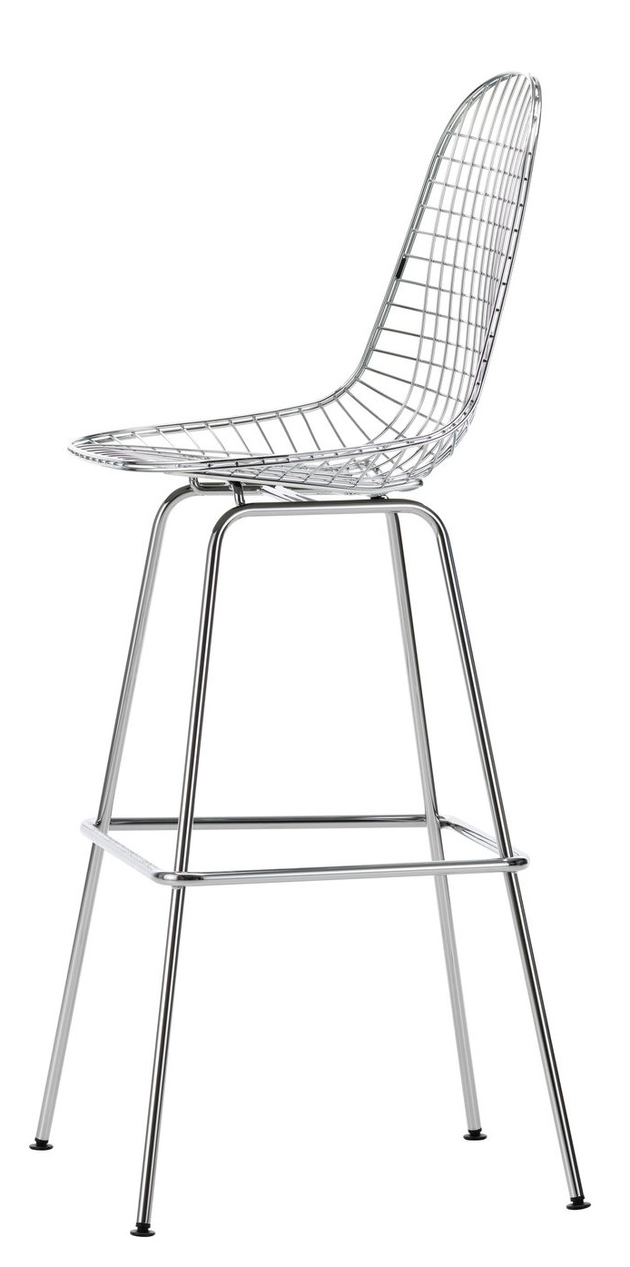Eames Wire Bar Stool von Vitra, hoher Barhocker aus verchromtem Stahldraht mit Fußstütze.