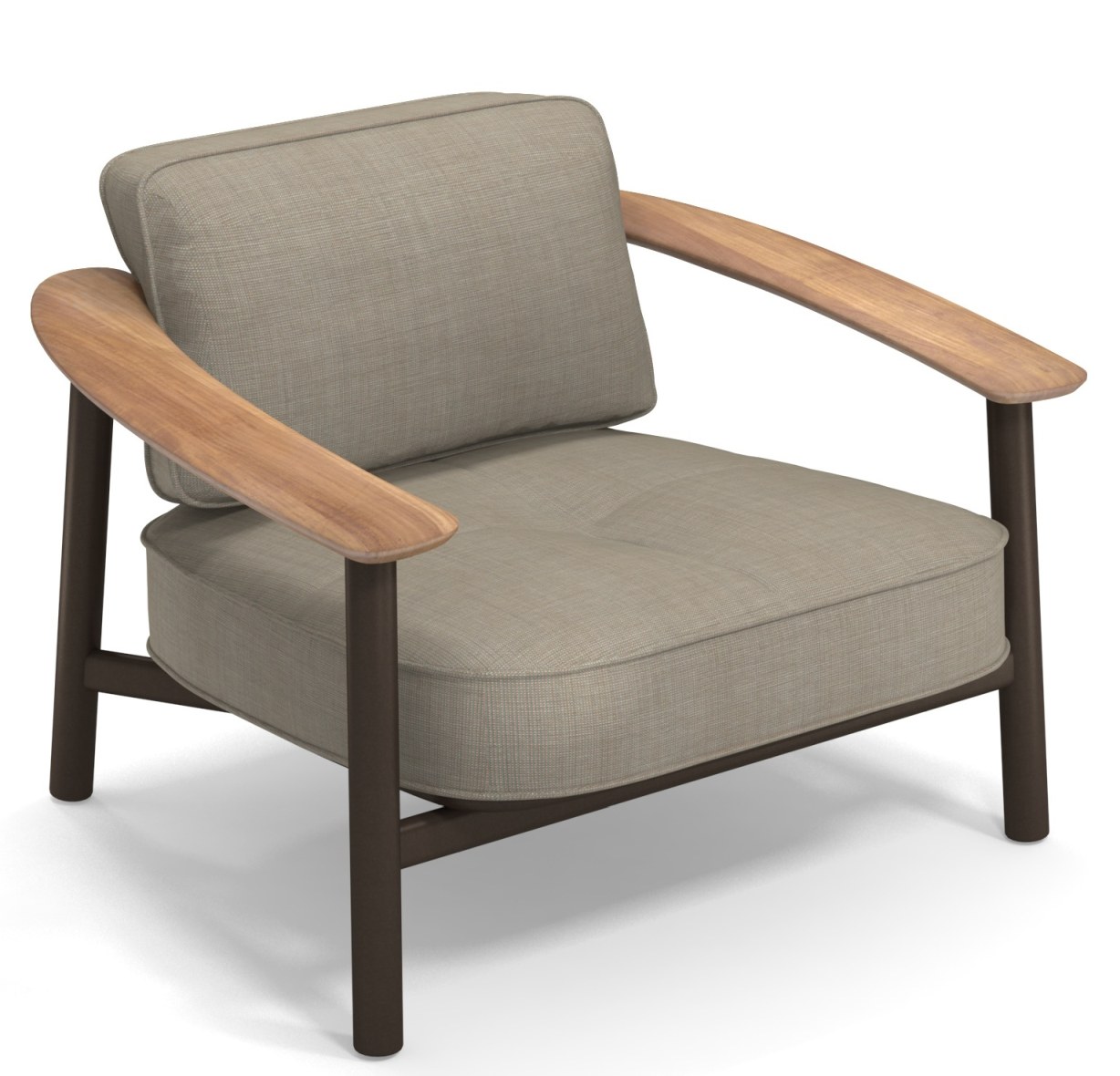 Emu Twins Lounge Chair Sessel Outdoor mit hellgrauem Stoffbezug und Armlehnen aus hellem Holz.