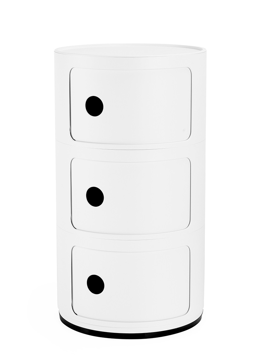 Weißer Componibili 3er Container von Kartell: Moderner, runder Nachttisch mit drei Fächern und schwarzen Griffen.
