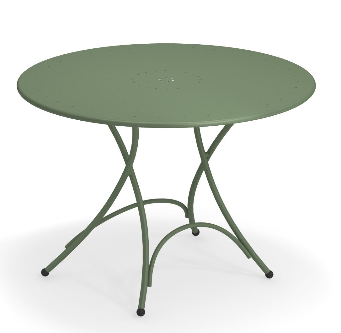 Grüner Pigalle Klapptisch von Emu für den Außenbereich, runder Gartentisch mit filigranem Metallgestell.