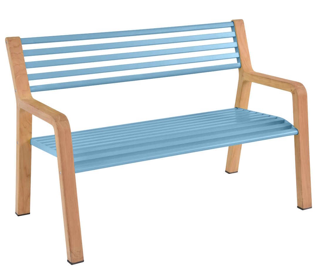 Somerset Bank Outdoor Fermob: Blaue Gartenbank aus Metall und Holz für den Außenbereich.