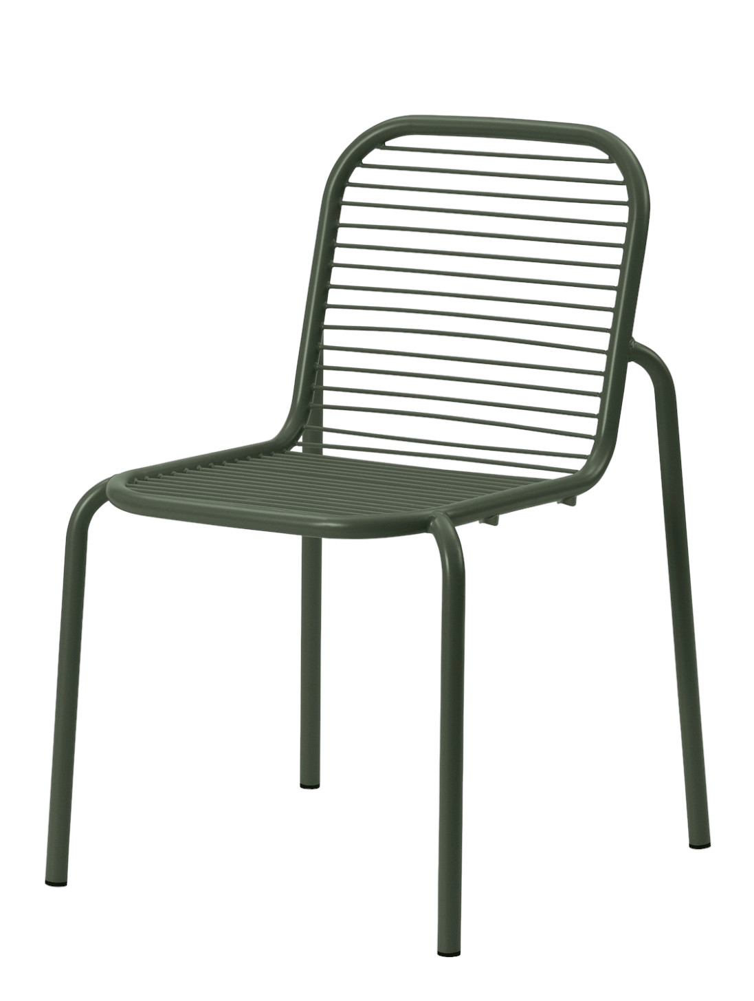Grüner Vig Chair Stuhl von Normann Copenhagen für den Außenbereich, minimalistisches Design mit Stahlrohrrahmen.