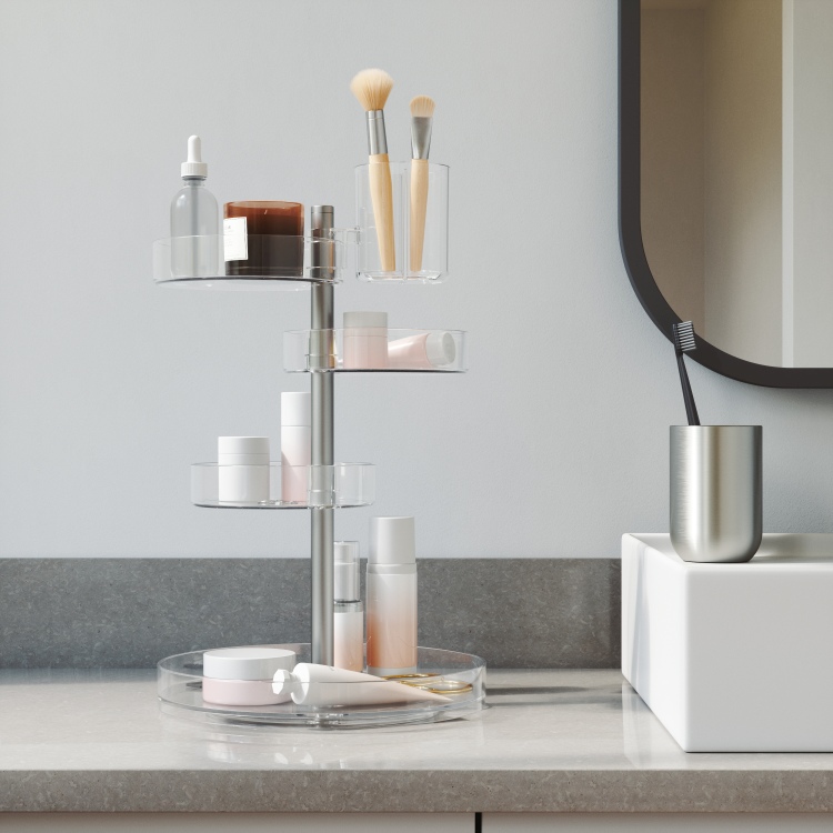 Umbra Pirouette Organizer mit Kosmetikprodukten im Badezimmer, drehbarer Kosmetik Organizer für Badezimmerablage.