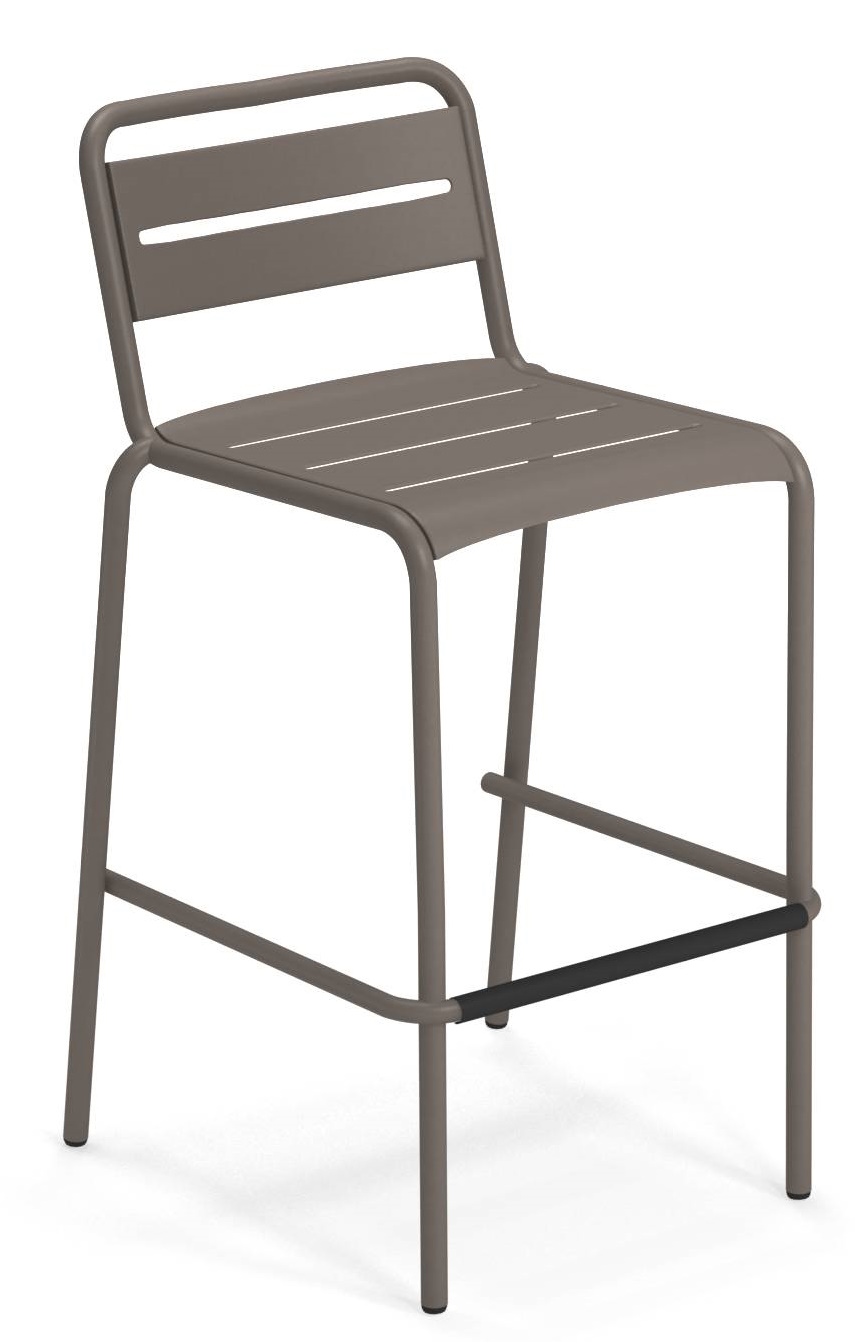 Emu Star Barhocker für den Außenbereich, modernes Design mit Lattenmuster in Taupe, robust und wetterfest.