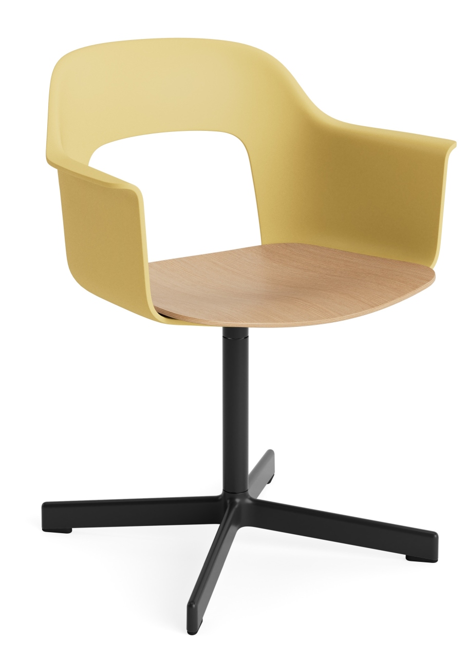 Layout Armchair 232 von Hay, gelber Bürostuhl mit Armlehne und schwarzem Fußkreuz.