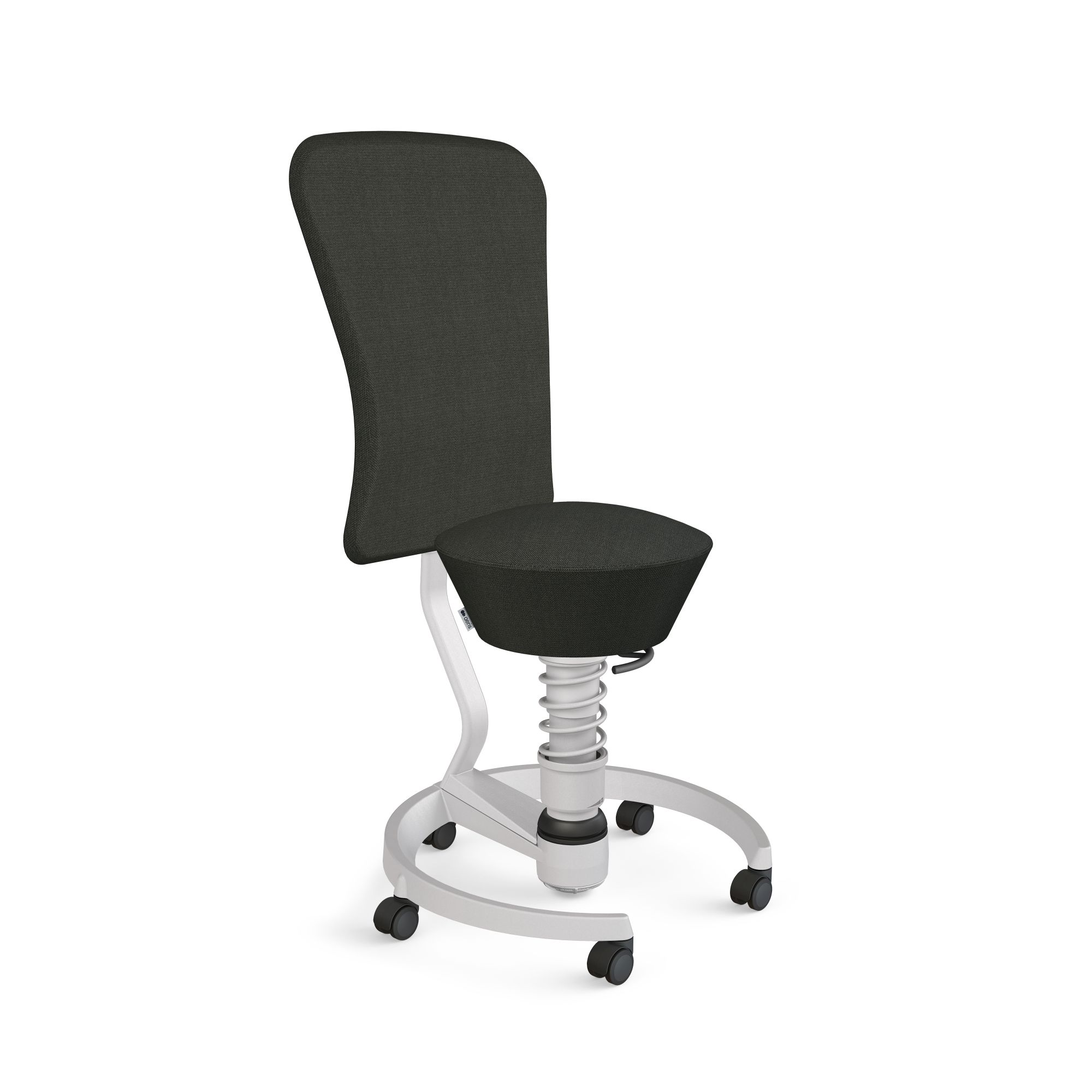 Grauer Bürostuhl mit Rückenlehne, Rollen und Federung für ergonomisches Sitzen im Büro.