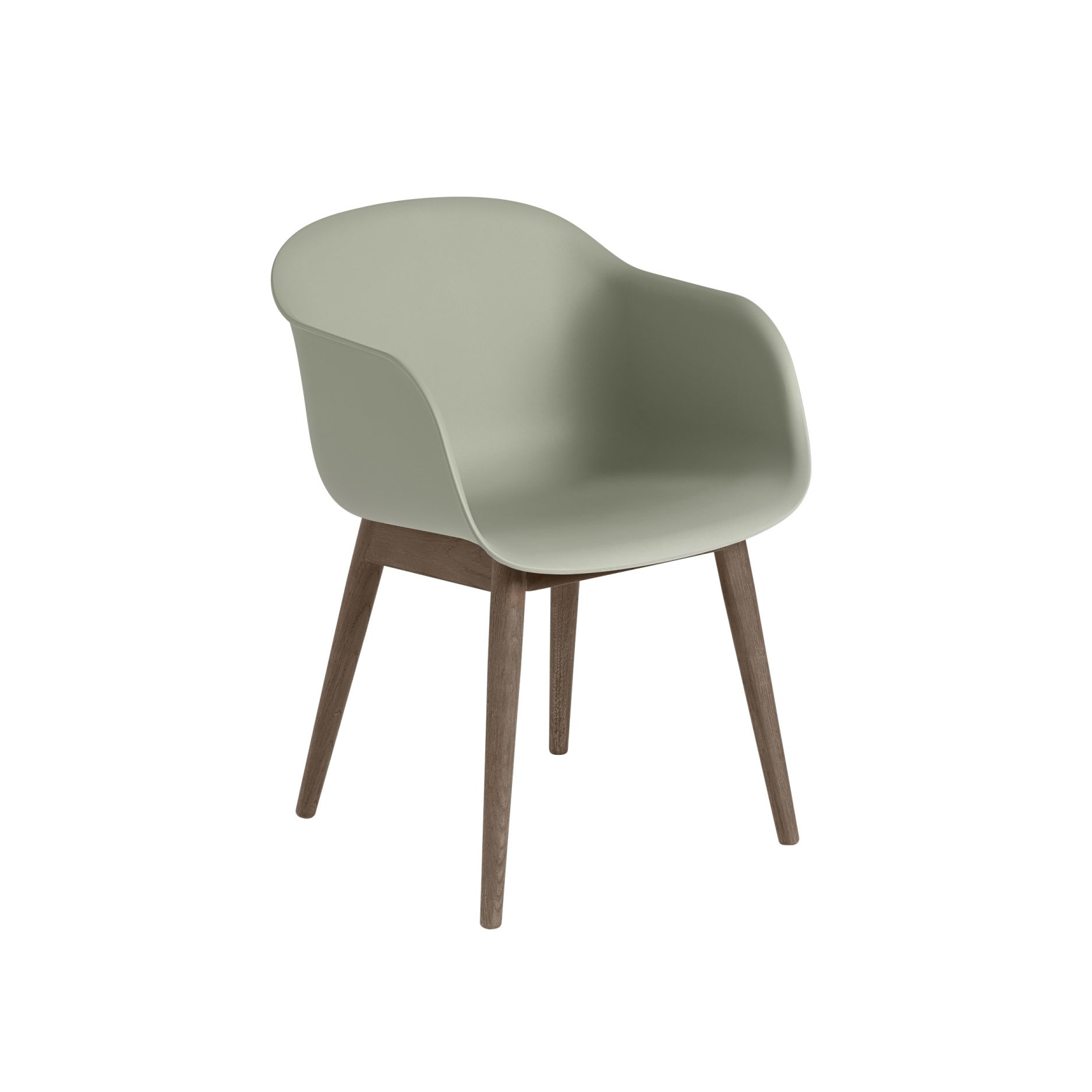 Muuto Fiber Armchair mit Holzgestell, hellgrüne Sitzschale, skandinavisches Design für Esszimmer und Wohnbereich.