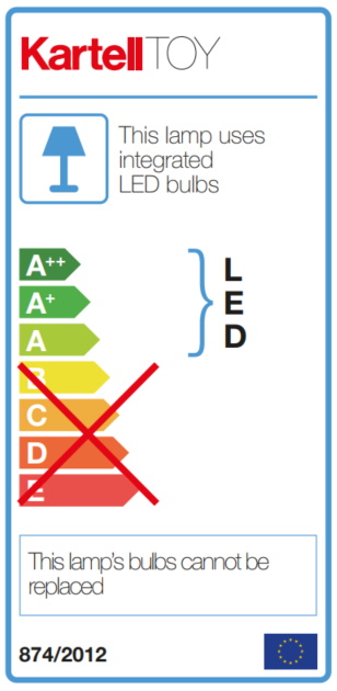Energieeffizienzlabel der Kartell Toy Moschino Bär Tischleuchte mit integrierten LEDs und Energieklasse A++.