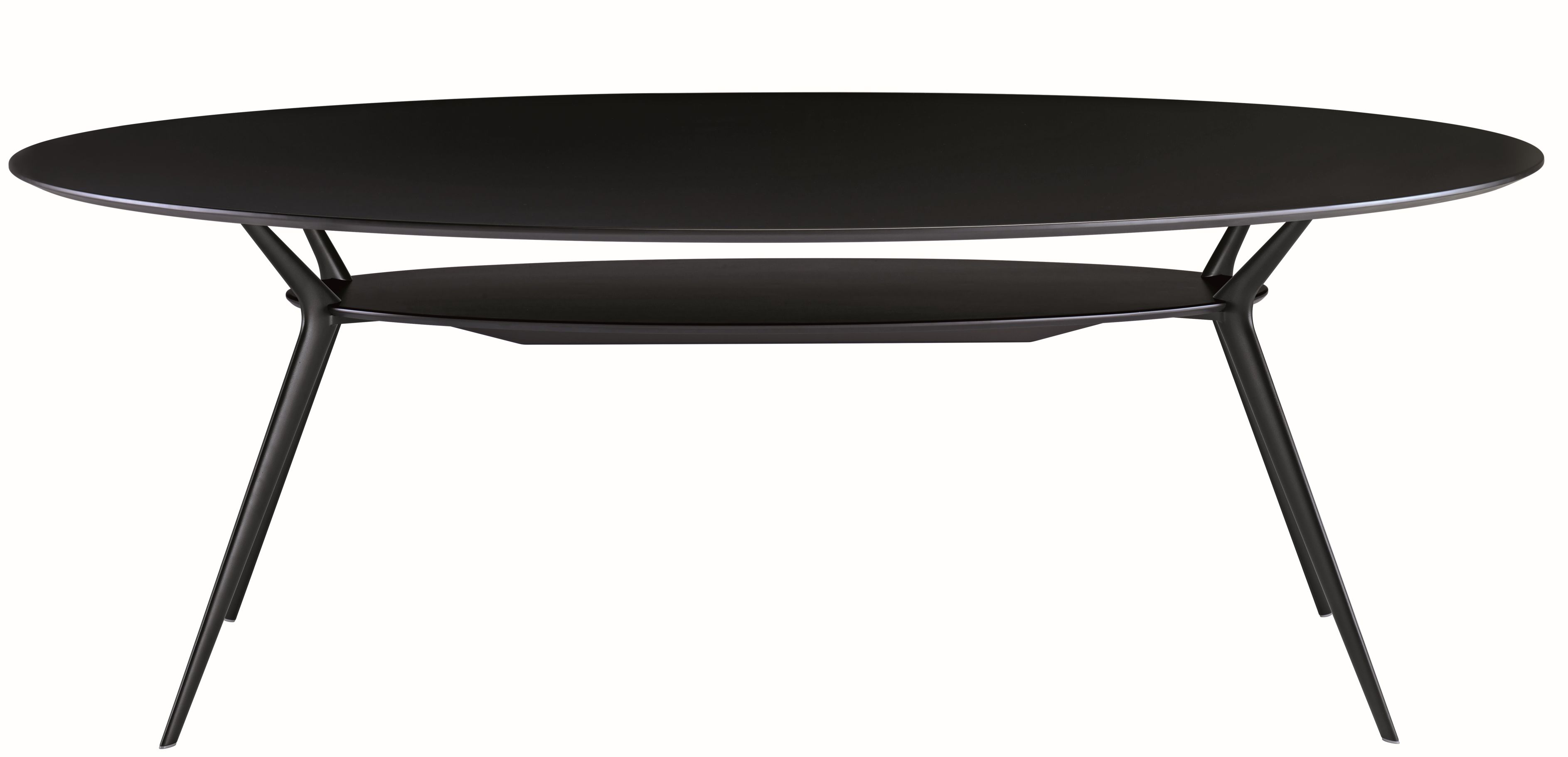 Schwarzer Biplane Tisch von Alias mit runder Tischplatte und zusätzlichem Ablageboden, modernes Möbeldesign für Esszimmer und Wohnbereich.