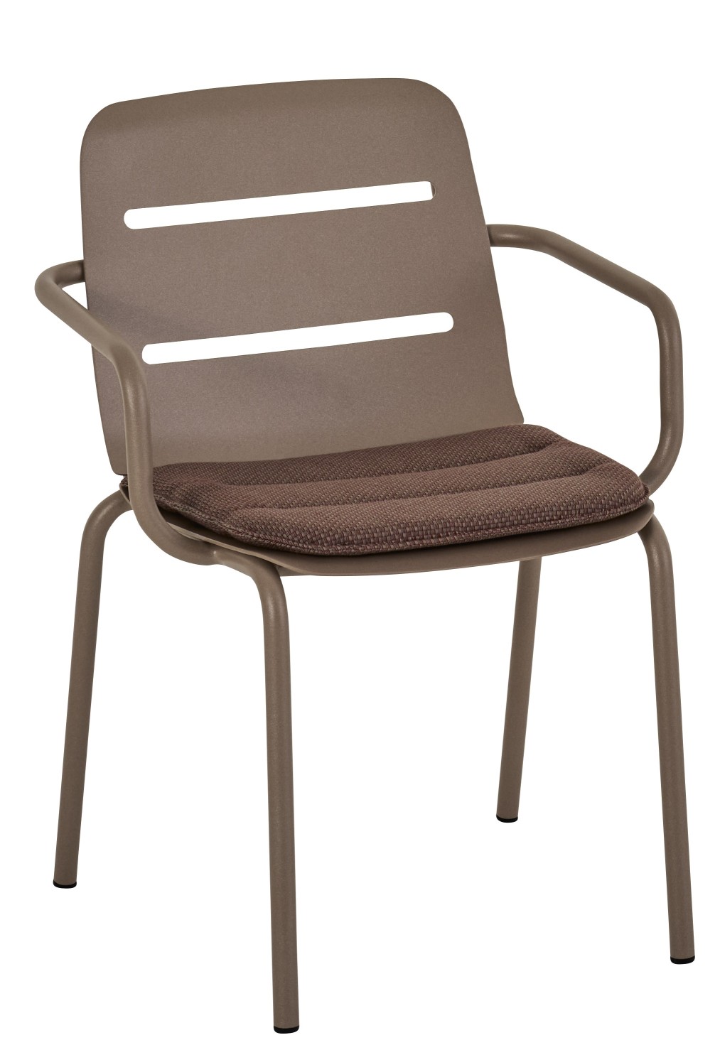 Vapio Sessel Outdoor von Weishäupl, brauner Gartenstuhl mit Armlehne und Sitzkissen für Terrasse und Balkon.