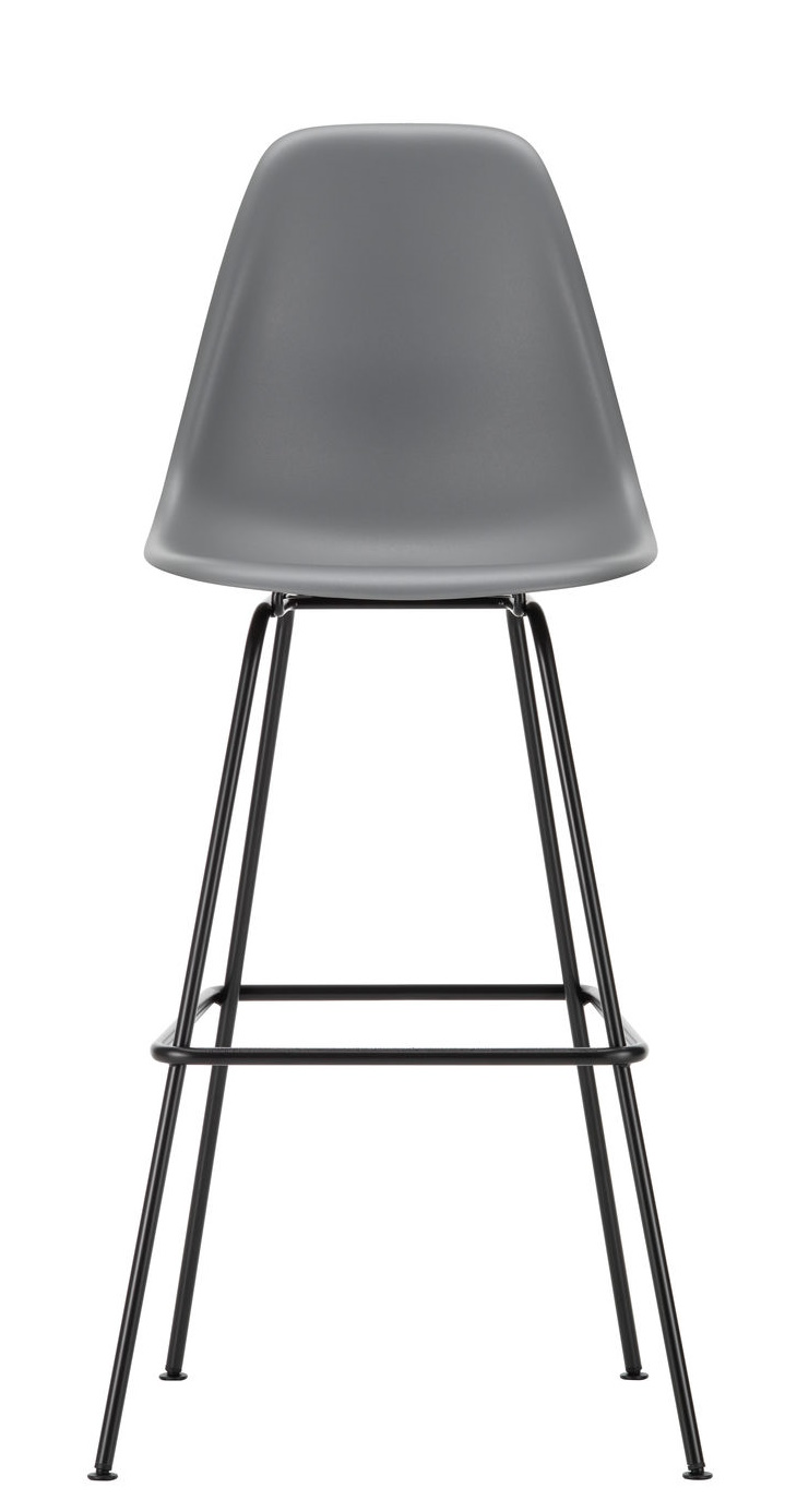 Grauer Eames Plastic Bar Stool Barhocker High von Vitra mit schwarzem Metallgestell, Frontansicht.