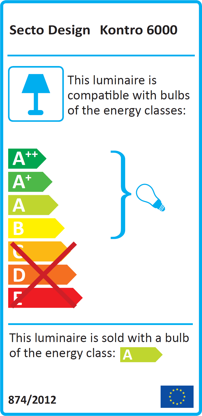 Energieetikett der Secto Design Kontro 6000 Pendelleuchte mit Energieeffizienzklassen und EU-Logo.