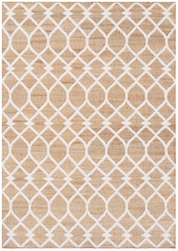 Kilim Teppich mit geometrischem Muster in Weiß und Beige, ein Rodas Teppich.