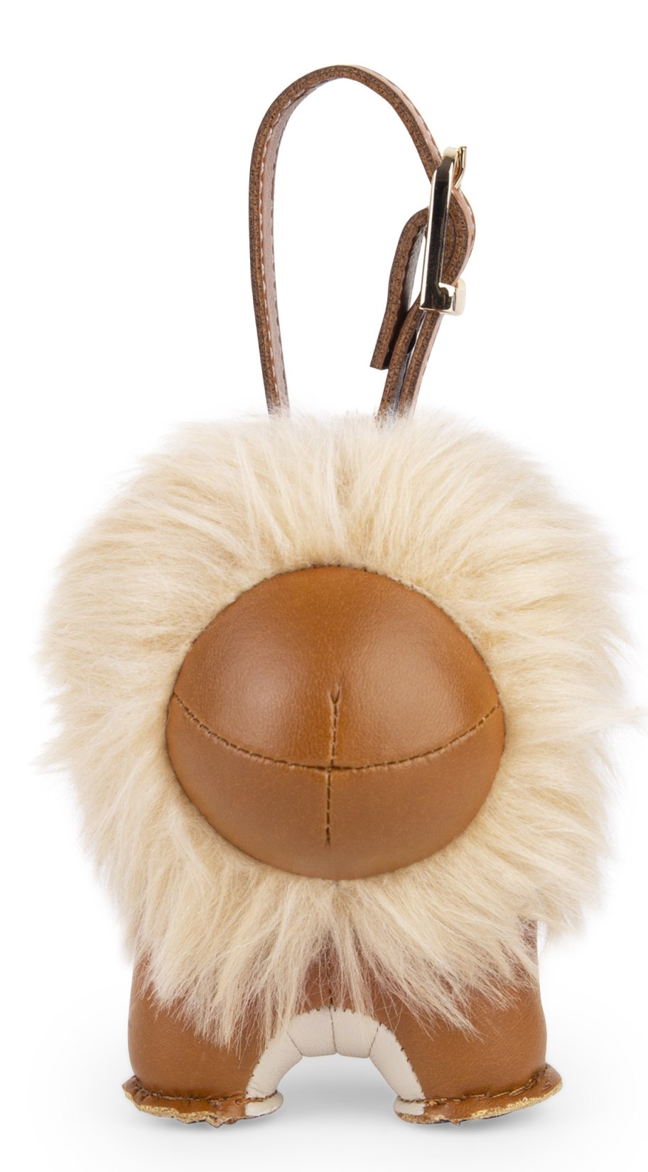 Detailansicht: LÖWE ZÜNY Taschenanhänger aus Leder in Tan und Weizen mit Fellmähne.