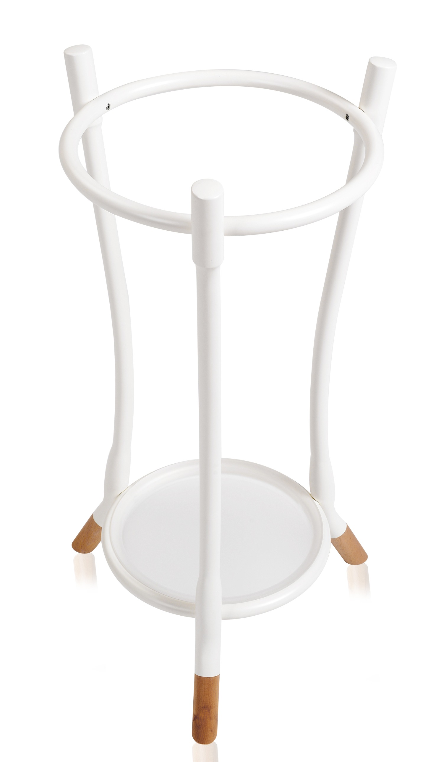 Weißer Cloud Schirmständer von Wiener GTV Design mit runder Ablage und hölzernen Füßen, moderne Schirmhalterung für Flur und Eingangsbereich.