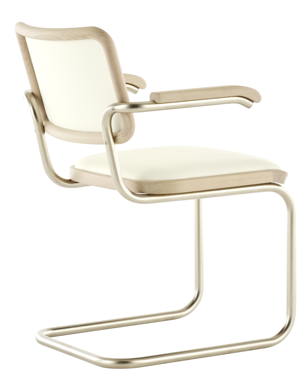 JS. Thonet S 64 P Freischwinger Stuhl mit Holzrahmen und Armlehnen, Sitzfläche und Rückenlehne in cremefarbenem Leder.