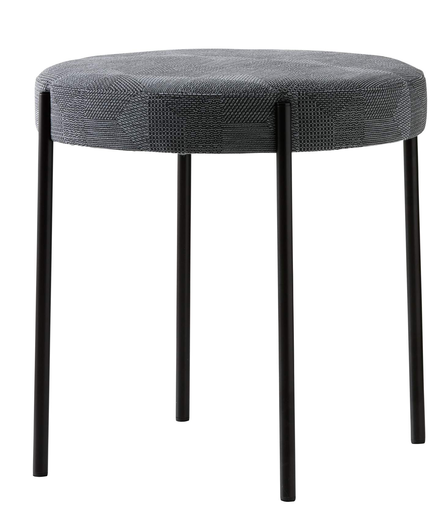 Series 430 Stool Hocker Verpan mit grauem Stoffbezug und schwarzen Metallbeinen, freigestellt auf weißem Hintergrund.