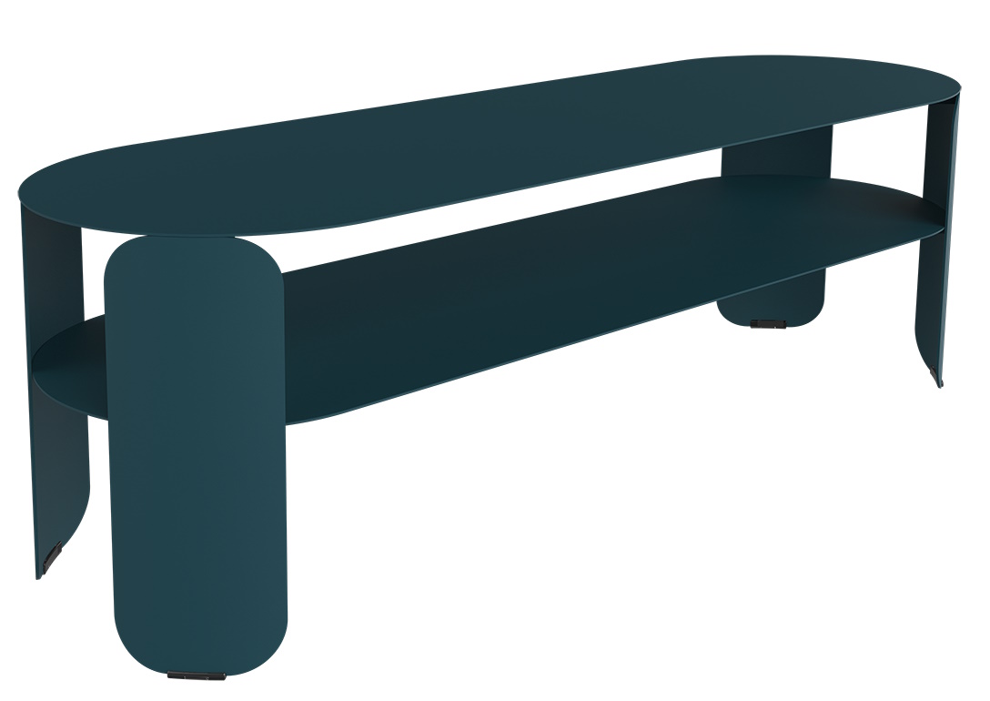 Fermob Bebop Low Table, niedriger Outdoor-Tisch in Petrolblau mit zwei ovalen Ablageflächen.