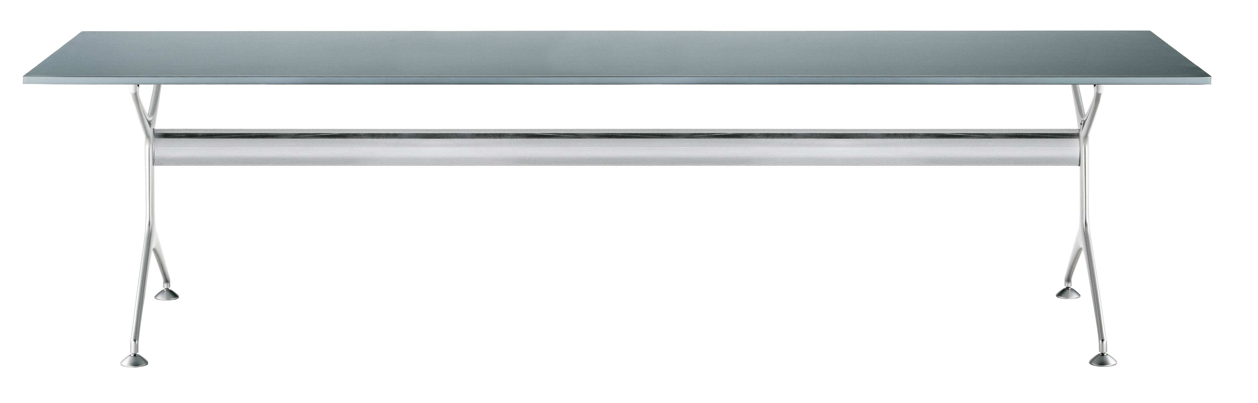 Frametable Tisch: Moderner Esstisch mit grauer Tischplatte und filigranem, silberfarbenem Metallgestell.