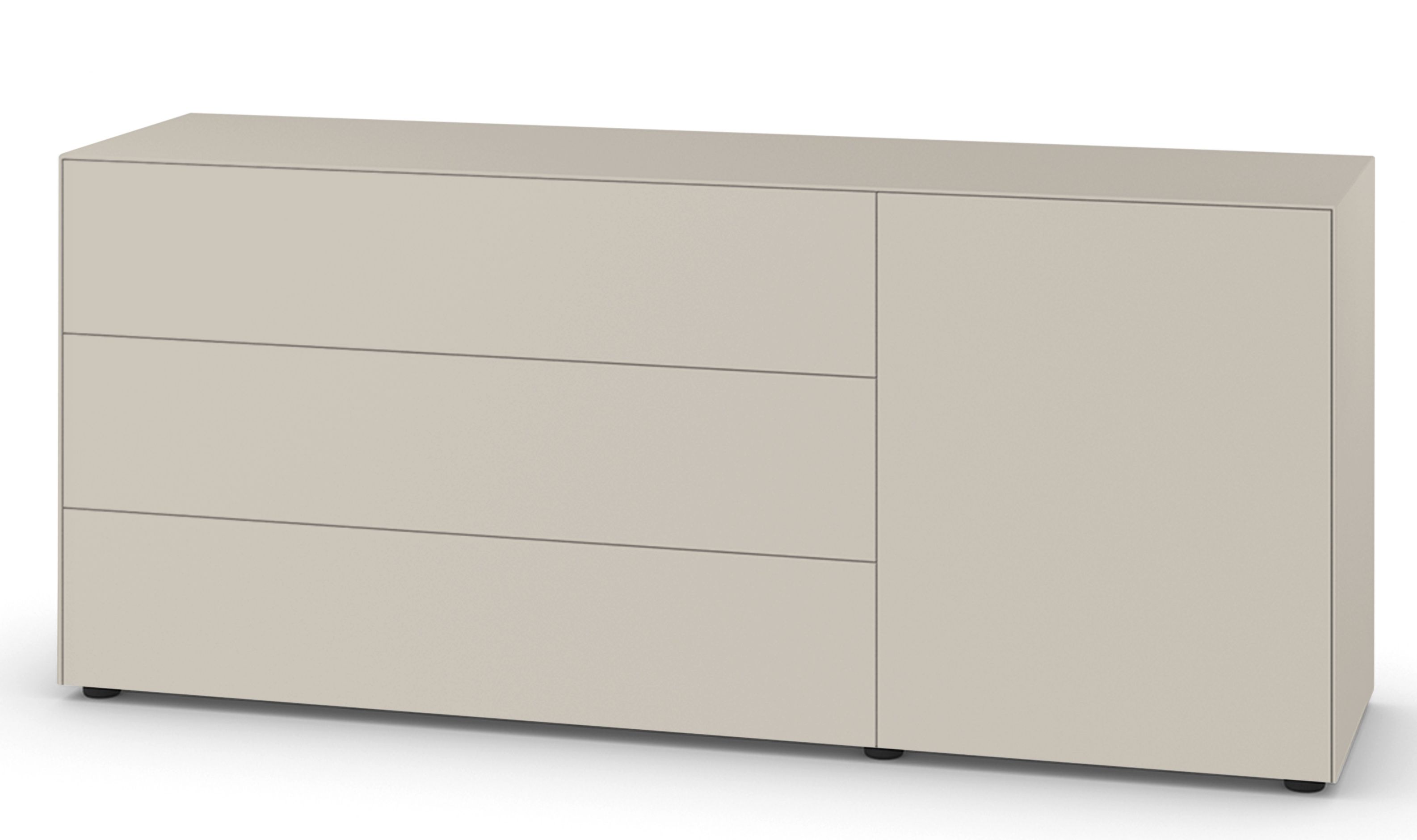 Piure Nex Pur Box Lowboard in Sandgrau mit drei Schubladen und einer Tür.