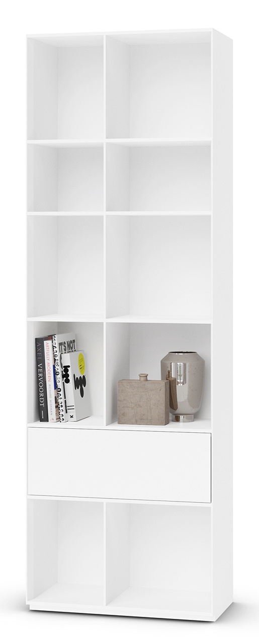 Weißes Nex Pur Regal von Piure mit Schublade und offenen Fächern, Bücher und Dekoration.