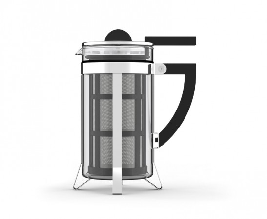 László Kaffeebereiter im Bauhaus Stil: Glaskolben mit schwarzem Griff und silberfarbenem Rahmen. Kaffeepresse für aromatischen Kaffee.