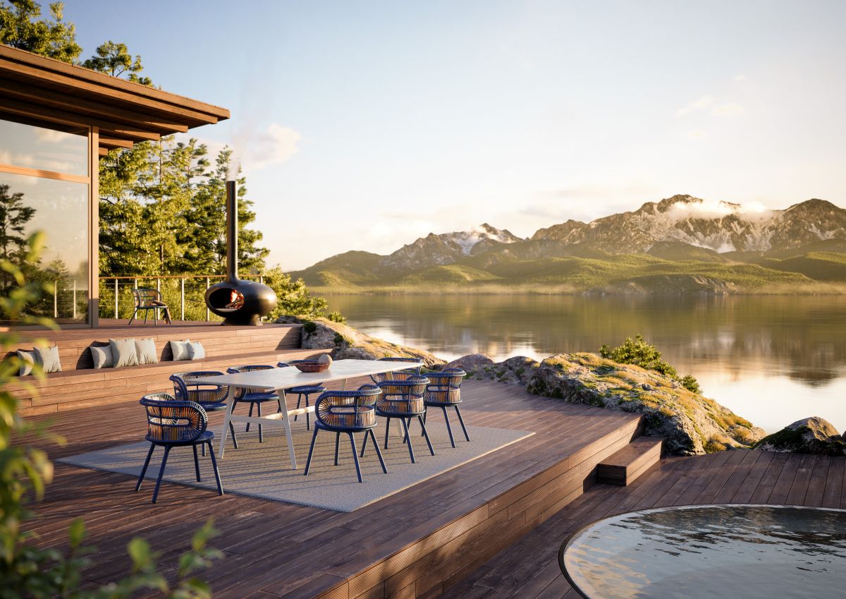 Cirql Hocker von Dedon auf einer Terrasse mit Seeblick. Outdoor Möbel für Garten und Balkon.