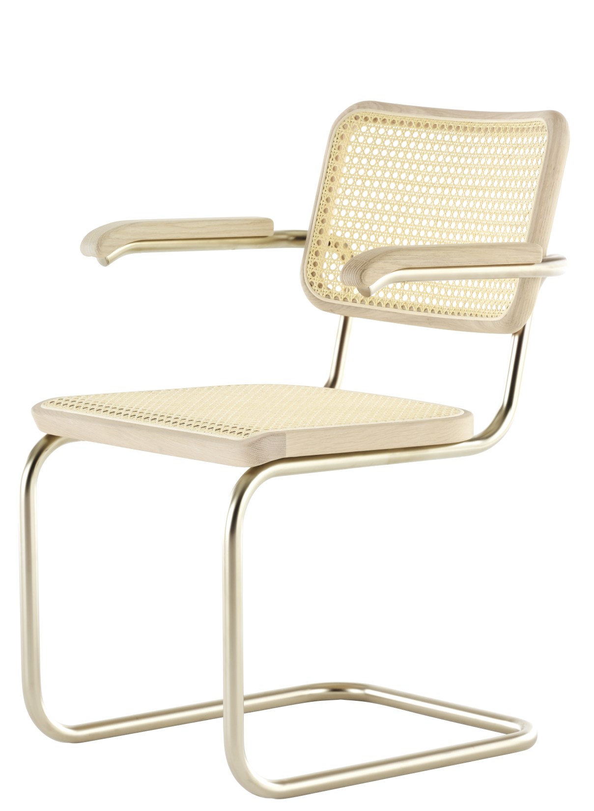 JS. Thonet S 64 V Freischwinger Stuhl mit Armlehnen, Wiener Geflecht und Stahlrohrgestell, Frontansicht.