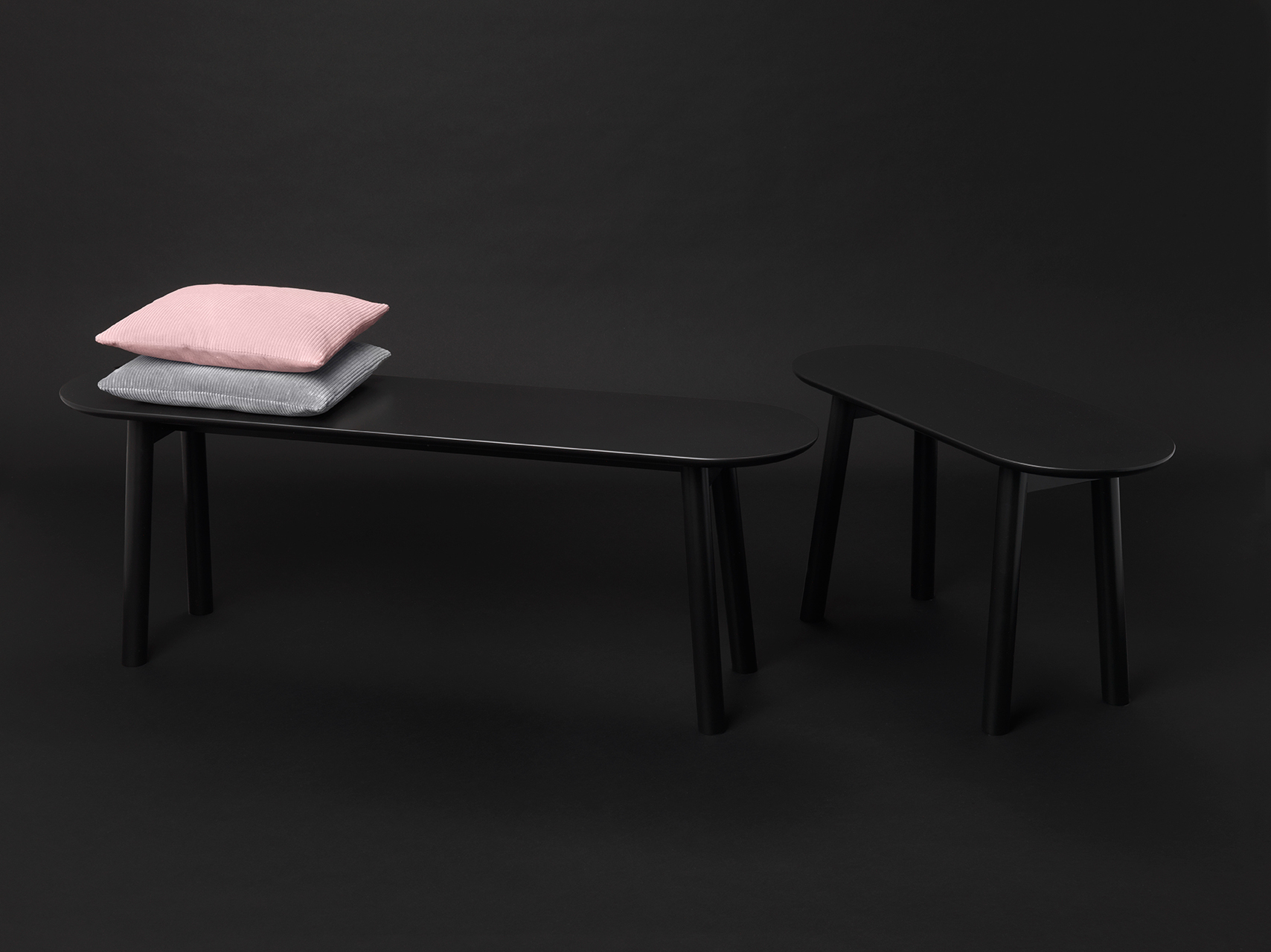 Schwarze Mala Sitzbank von Schönbuch (B 120 cm) mit Kissen, moderne Holzbank für Flur und Wohnzimmer.