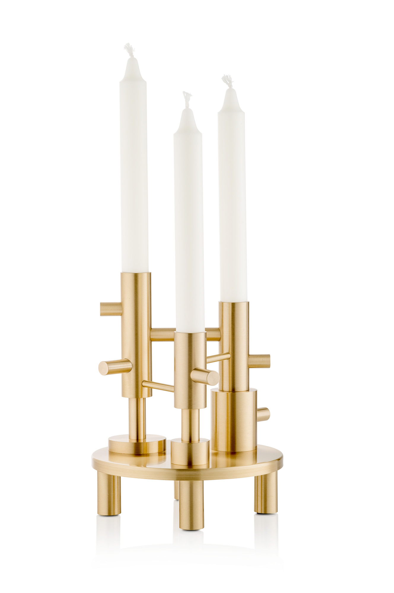 Goldener Fritz Hansen Kerzenhalter für drei Kerzen, moderner Leuchter aus Metall.