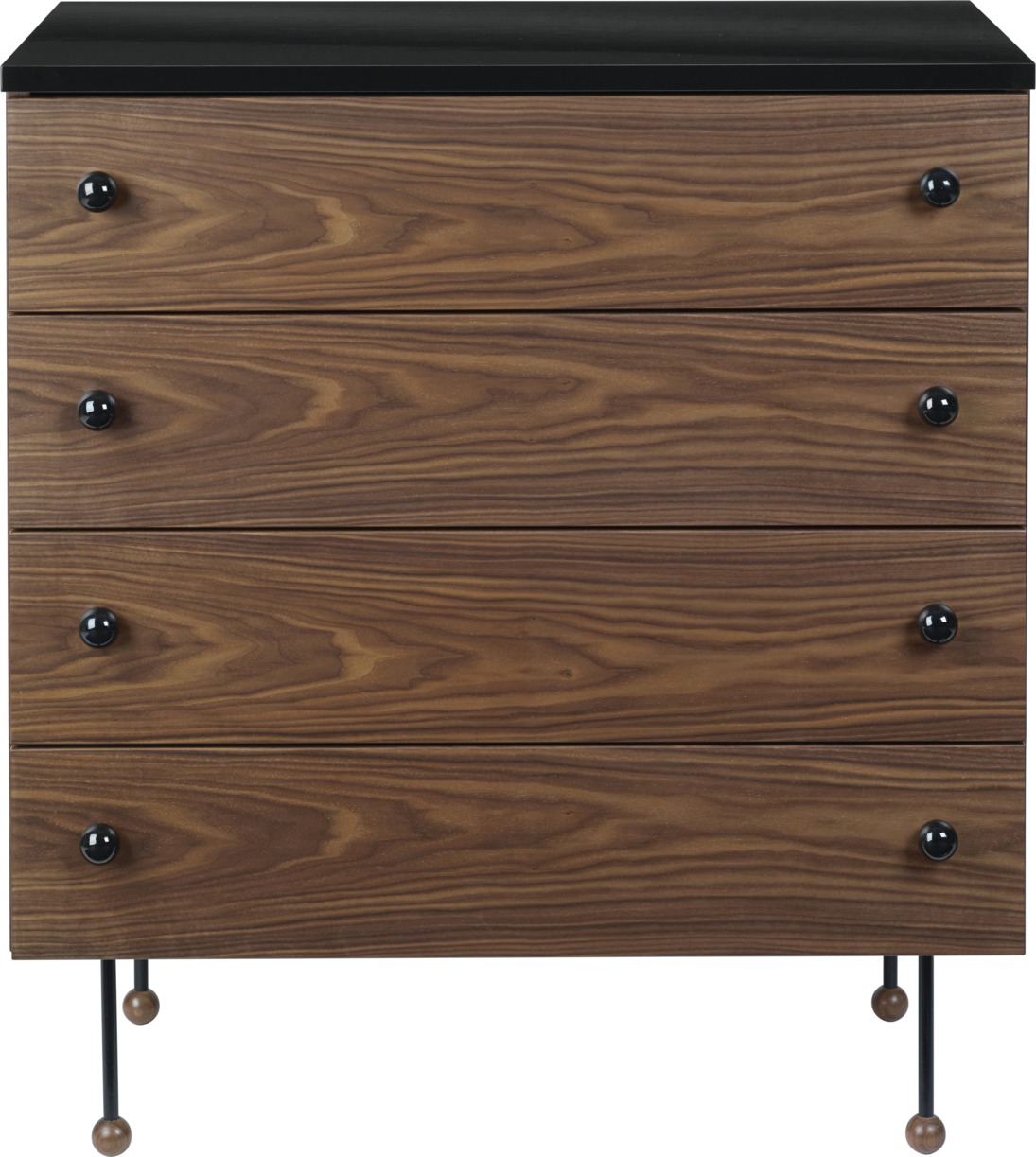 Gubi Kommode 62 Dresser mit vier Schubladen aus Holz und schwarzen Details.