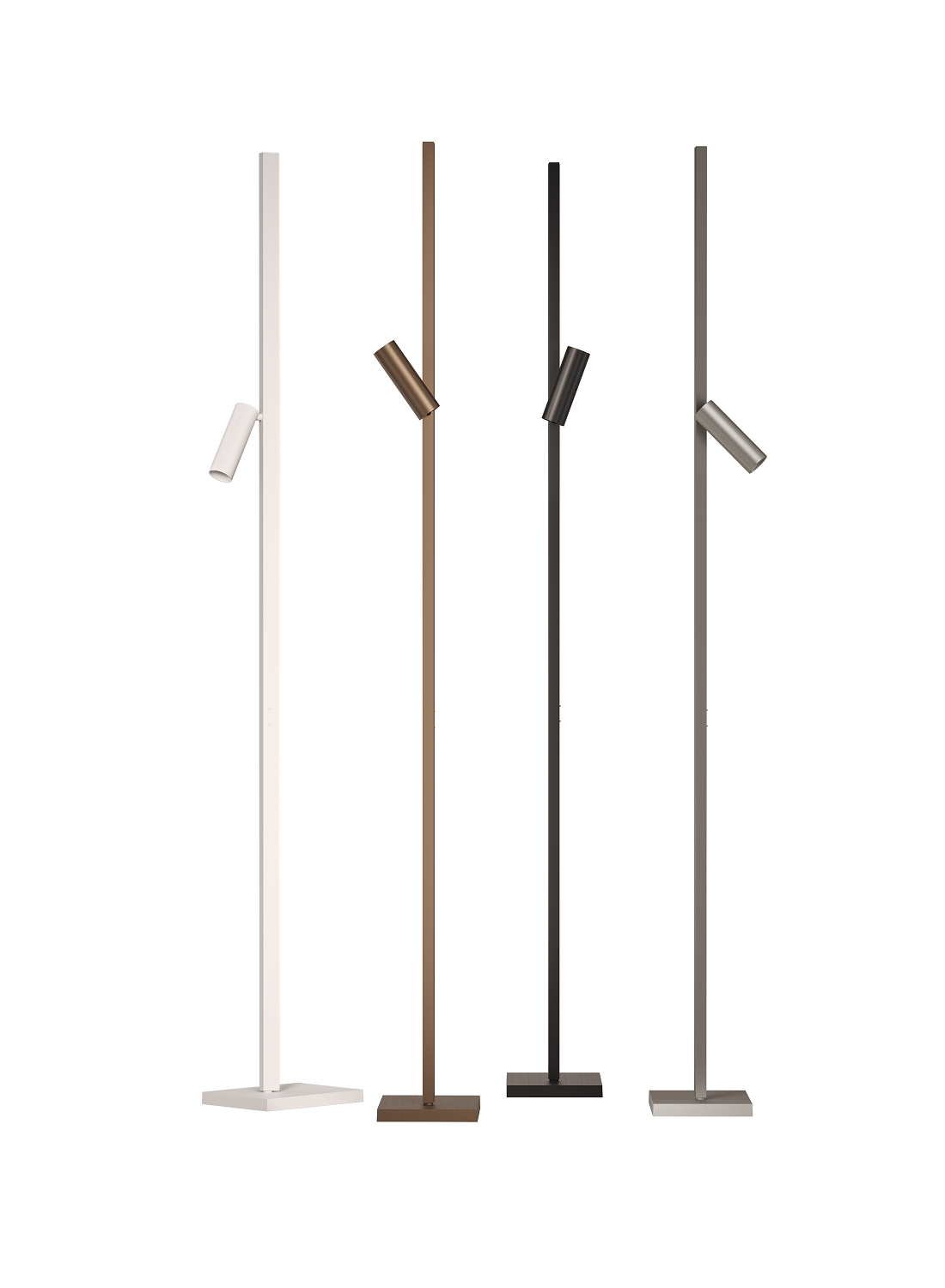 Zen X Floor Stehleuchten in Weiß, Braun, Schwarz und Grau, moderne Innenraumbeleuchtung.