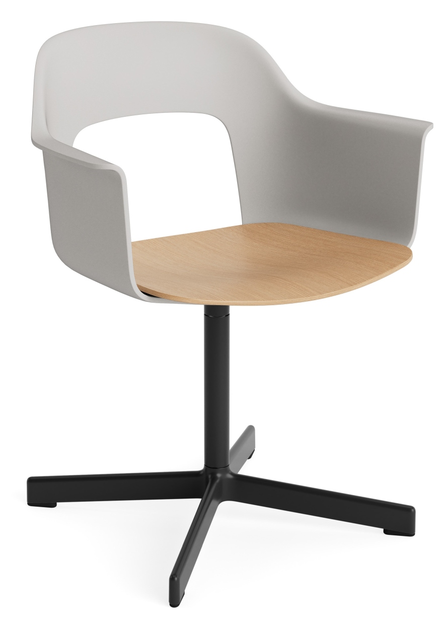 Layout Armchair 232 von Hay: Moderner Armlehnstuhl in Grau mit Holz-Sitzfläche und schwarzem Fußkreuz.