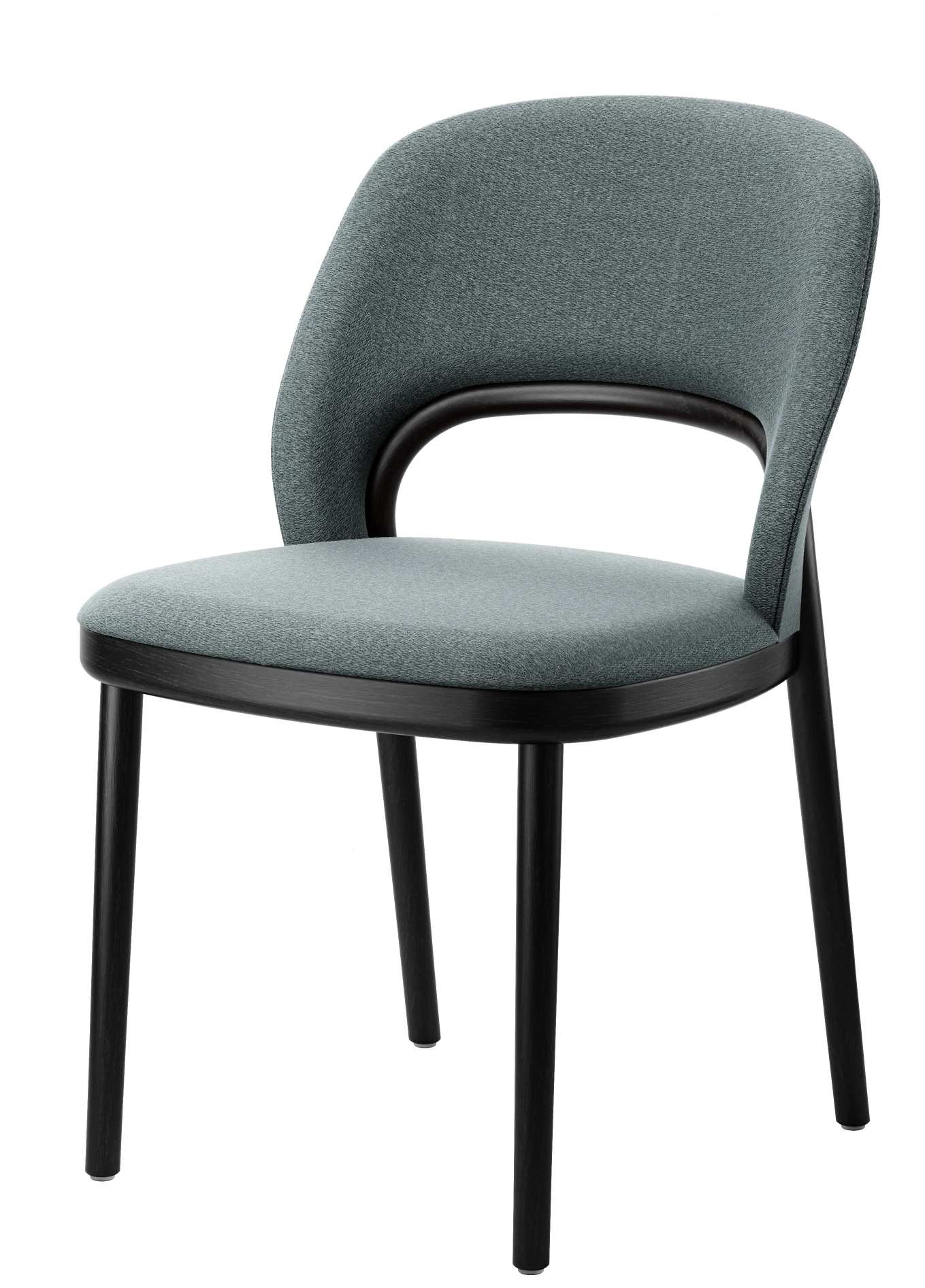 520 P Thonet Stuhl mit grauem Polster und schwarzem Holzgestell, Frontansicht.