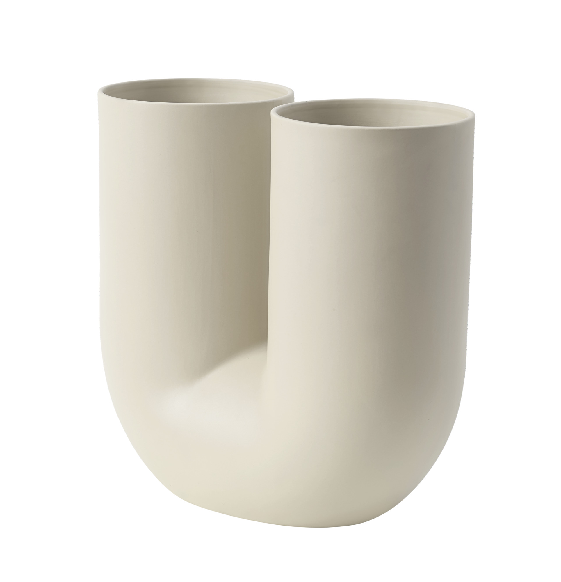Muuto Kink Vase in Sand, eine moderne, skulpturale Blumenvase mit zwei Öffnungen.