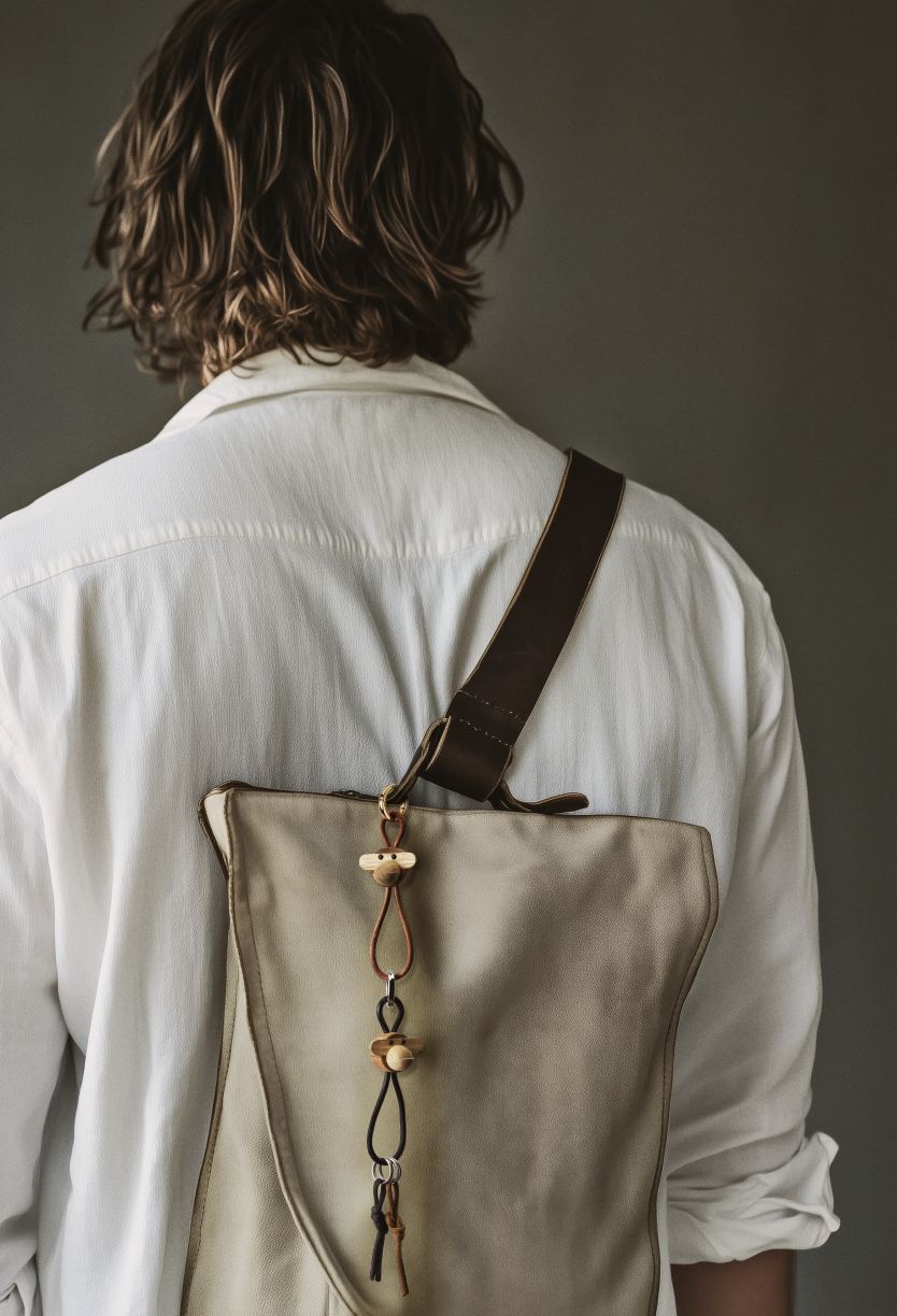 Rückansicht einer Person mit Umhängetasche, an der ein Kay Bojesen Affe Schlüsselanhänger aus Leder und Holz hängt.