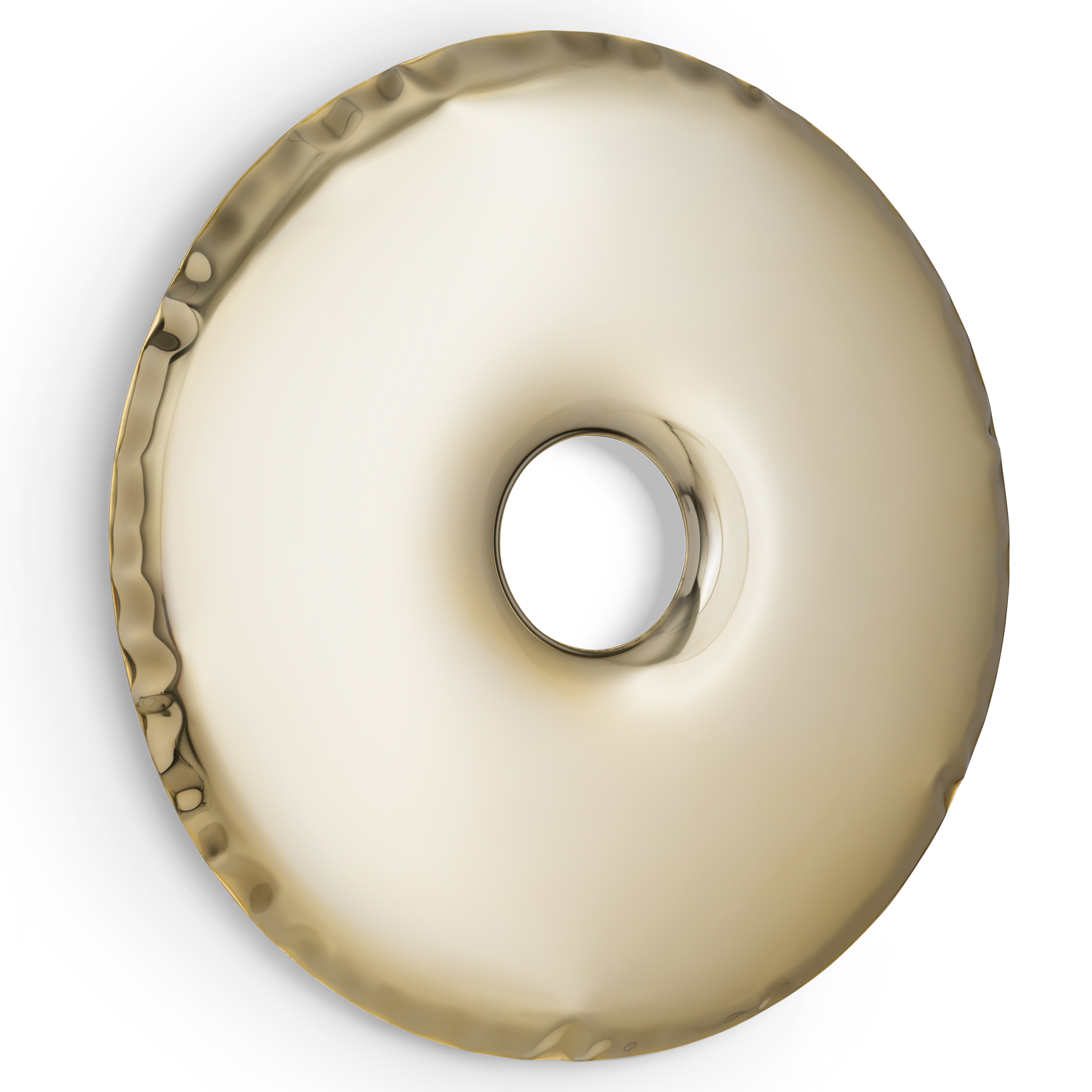 Runder, goldener Design-Spiegel von Zieta mit Loch in der Mitte. Modernes Wohnaccessoire.