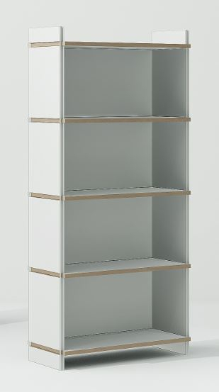 Tojo Regal Grundmodul mit vier Fächern in Weiß und Holzoptik. Modulares Regalsystem.