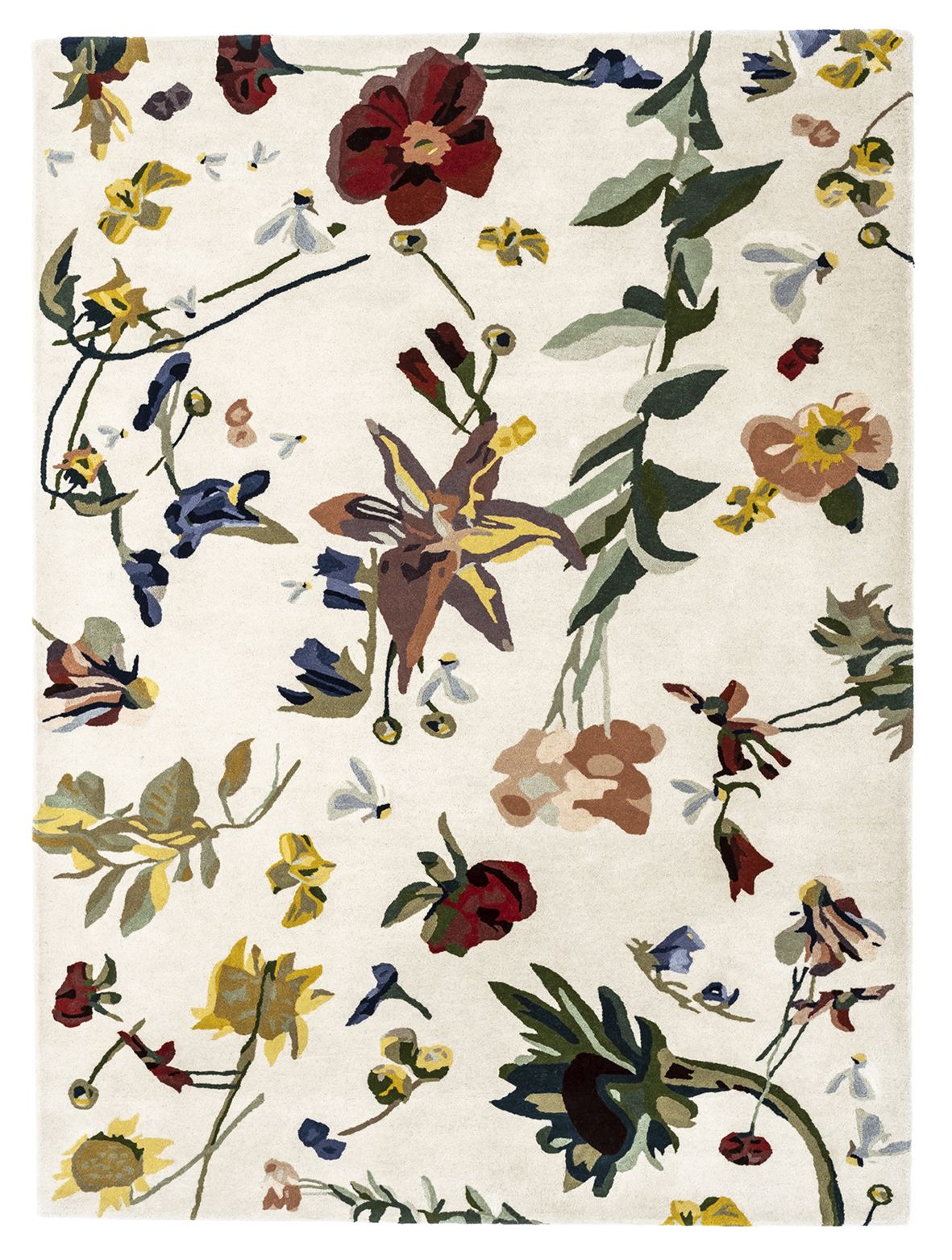 Nanimarquina Teppich Flora Promenade 200x300 cm mit floralem Muster und hellem Hintergrund.