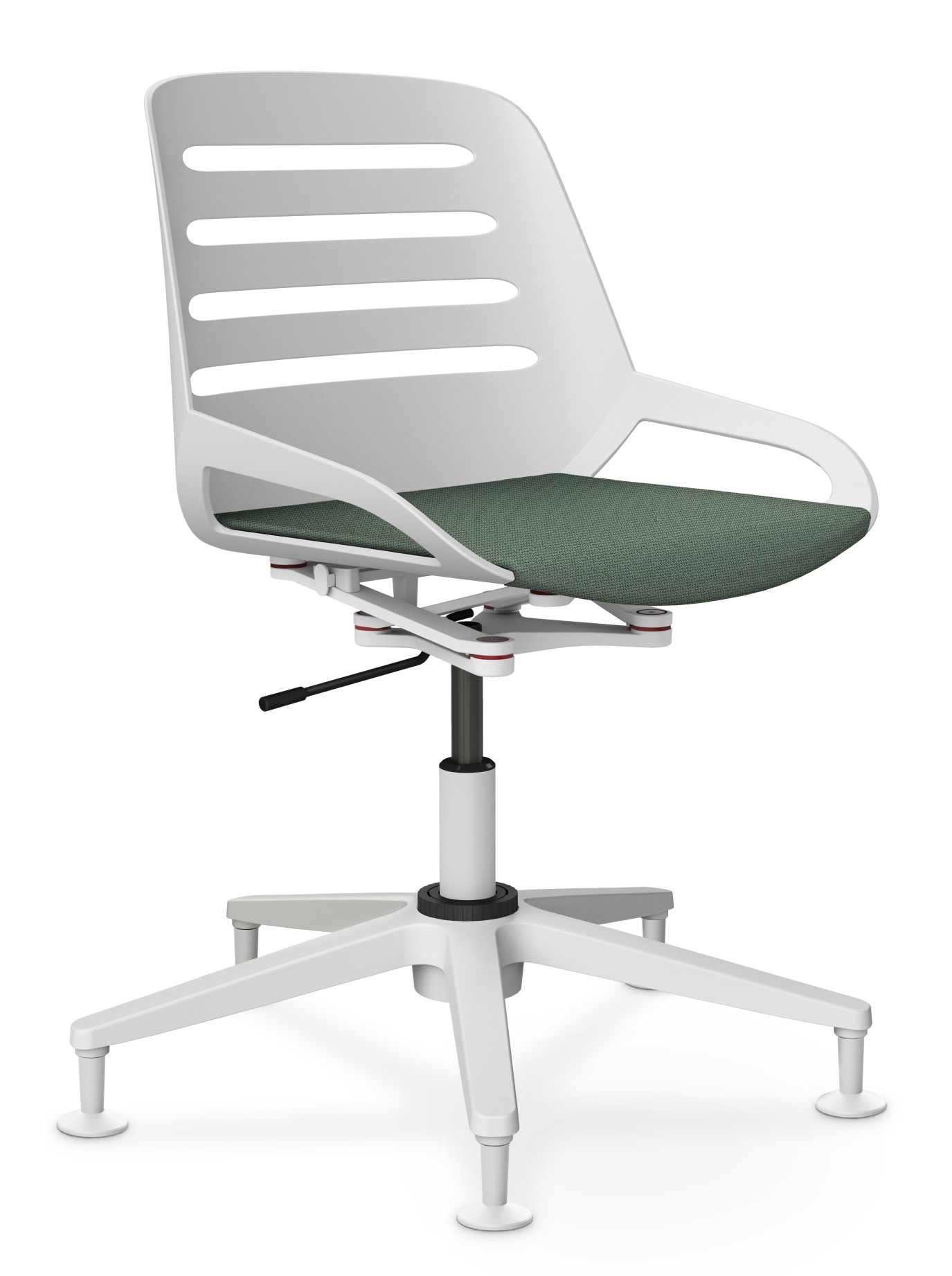 Numo Task Bürodrehstuhl mit Säule und Gleitern, weißer Rahmen, grüner Sitz, ergonomischer Bürostuhl für modernes Arbeiten.