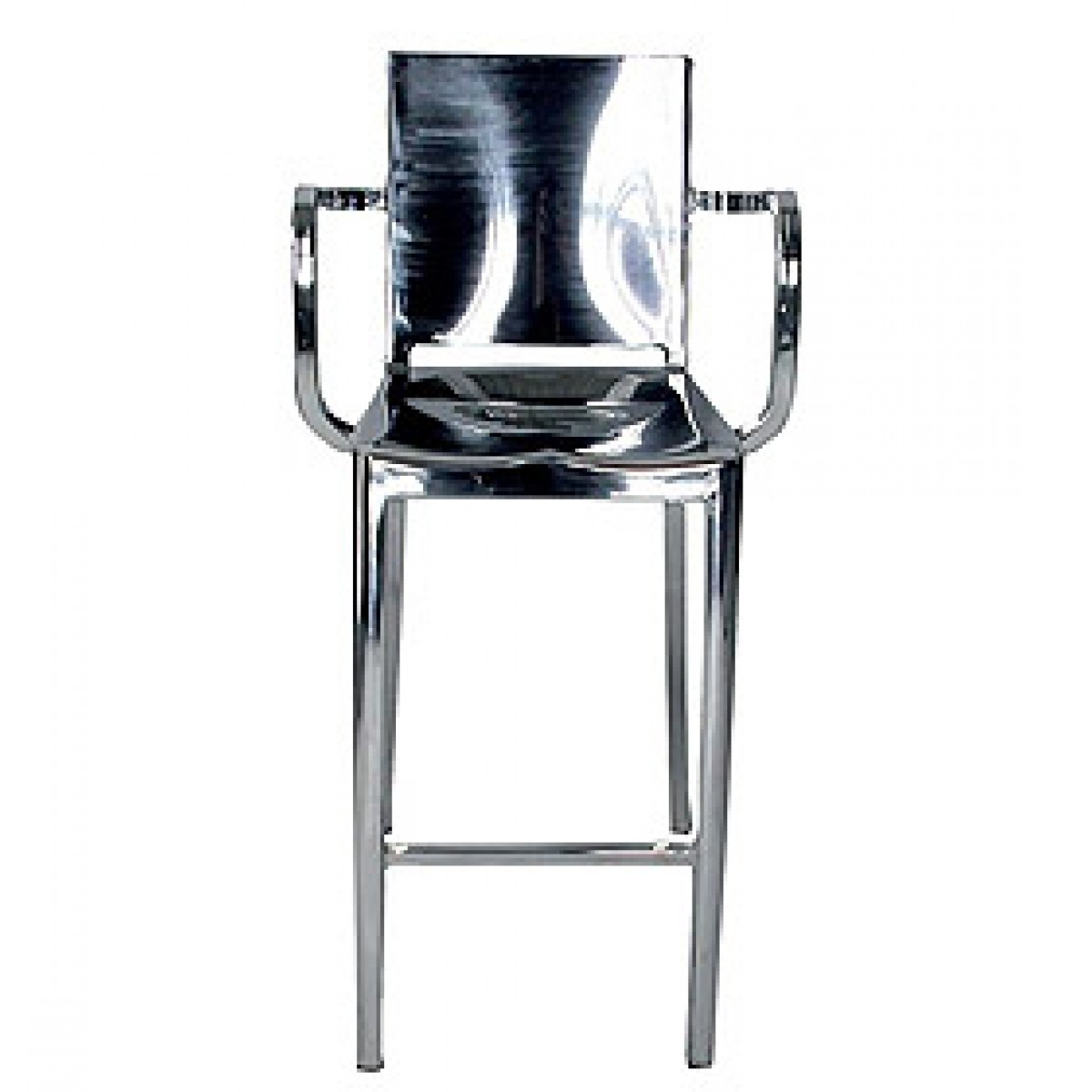 Hudson Barhocker von Emeco aus poliertem Aluminium, Ansicht von vorne. Design Barstuhl mit Armlehnen.