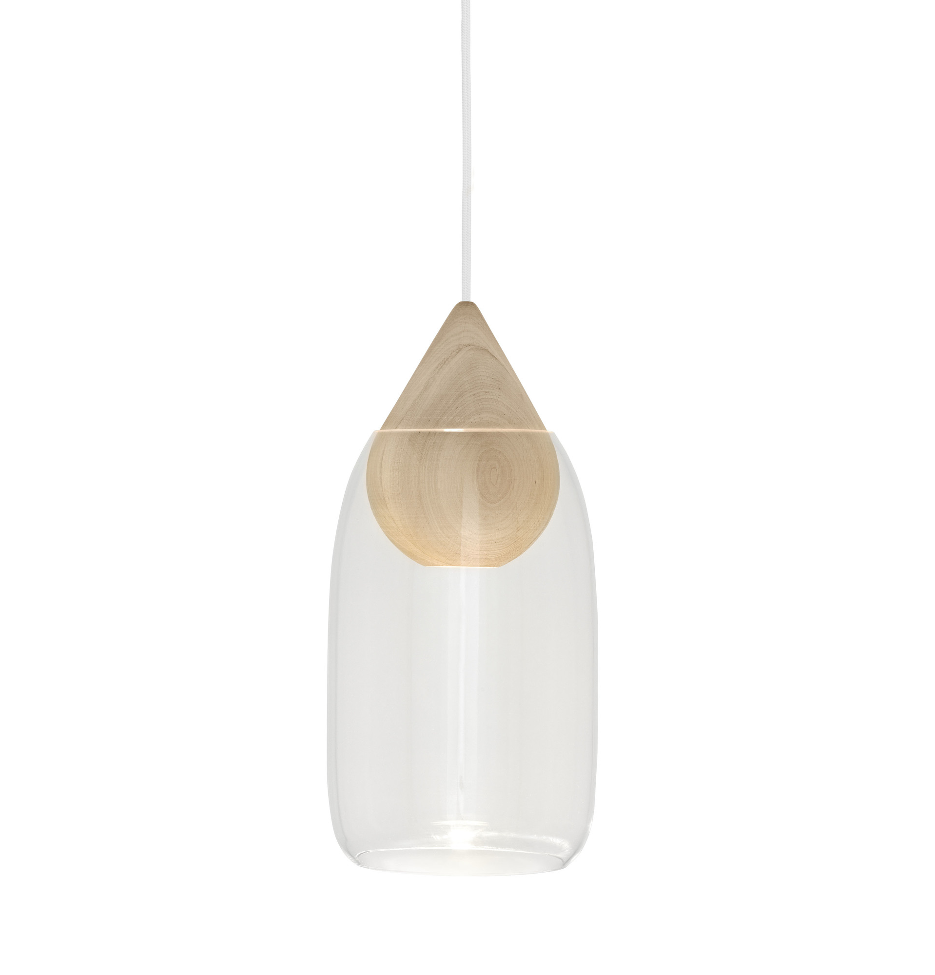 Hängelampe mit transparentem Glasschirm und Holzelement. Moderne Pendelleuchte für Wohnzimmer und Esszimmer.