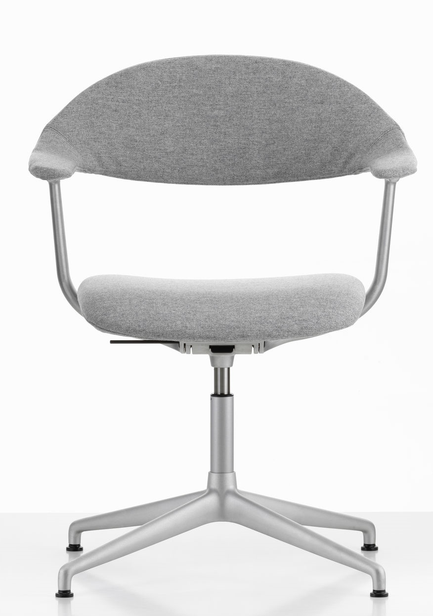 Mynt Bürodrehstuhl von Vitra mit grauem Stoffbezug, Rückenlehne und Aluminiumfußkreuz für ergonomisches Sitzen.