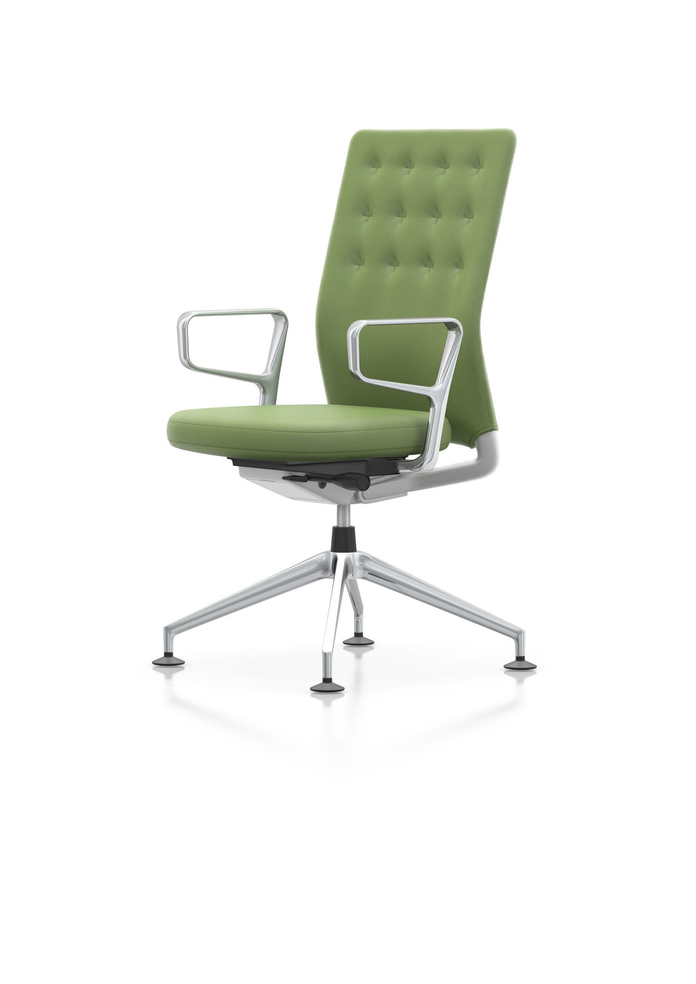 Vitra ID Chair Trim Bürostuhl in Grün mit Armlehnen und Aluminiumfußkreuz.