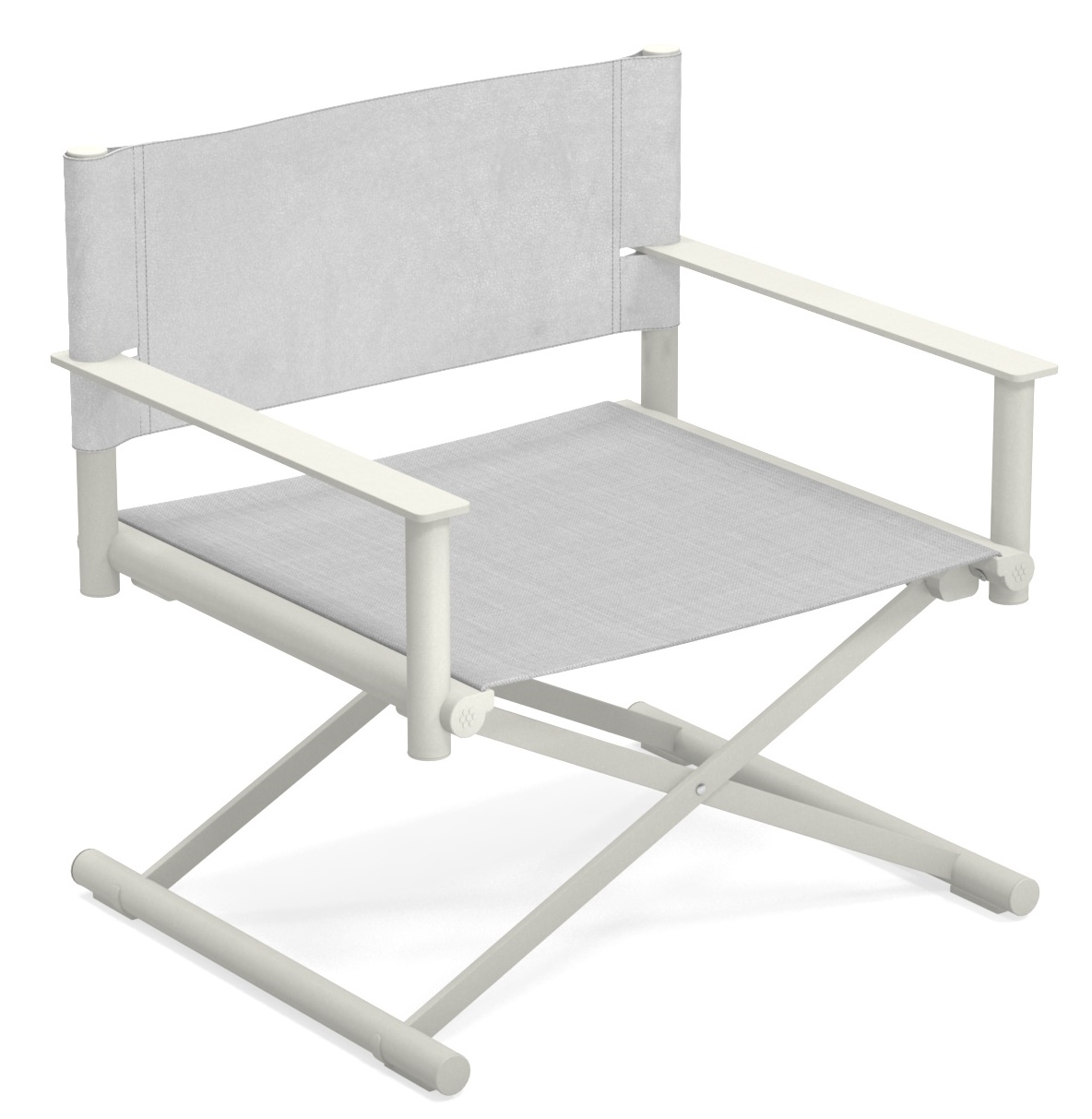 Terra Lounge Chair Sessel Outdoor Emu, hellgrauer Regiestuhl mit Armlehnen und Stoffbezug für Garten und Terrasse.