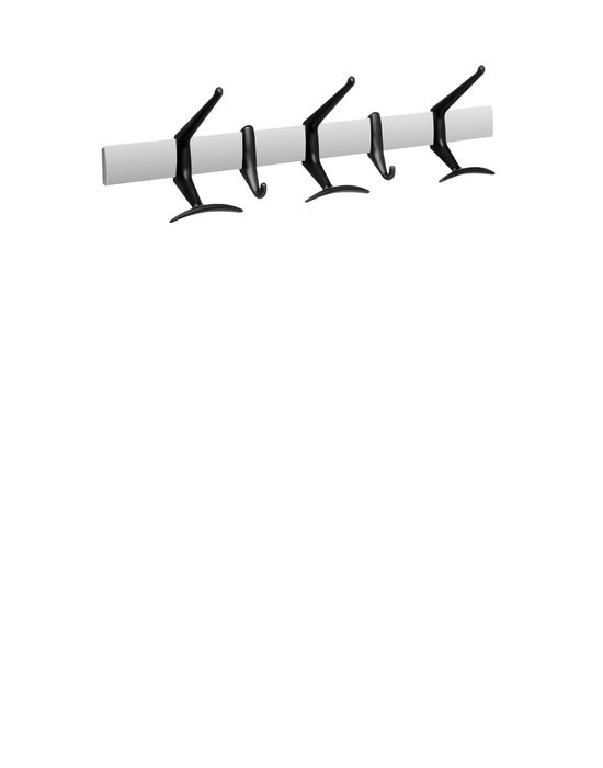 Helle Kartell Hanger Wandgarderobe mit fünf schwarzen Haken an einer weißen Leiste.