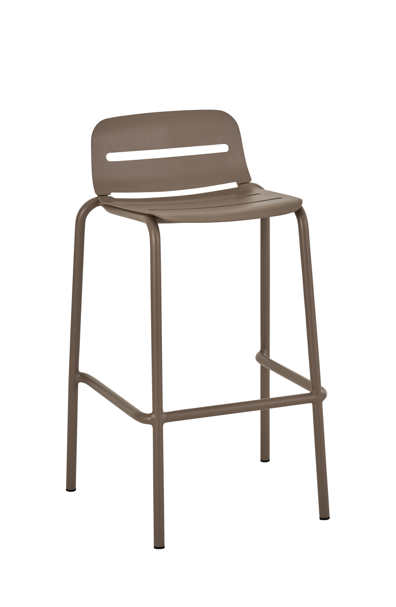 Vapio Barstool Barhocker von Weishäupl für den Außenbereich, braun, mit Rückenlehne und minimalistischem Design.